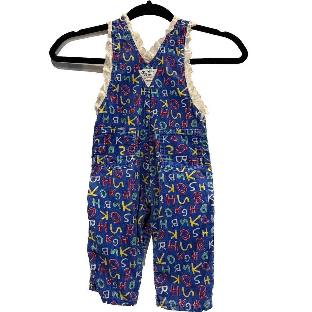 Vtg OshKosh B'gosh Blue Corduroy Alphabet Print Overalls Eyelet Lace 18 Mo USA‎